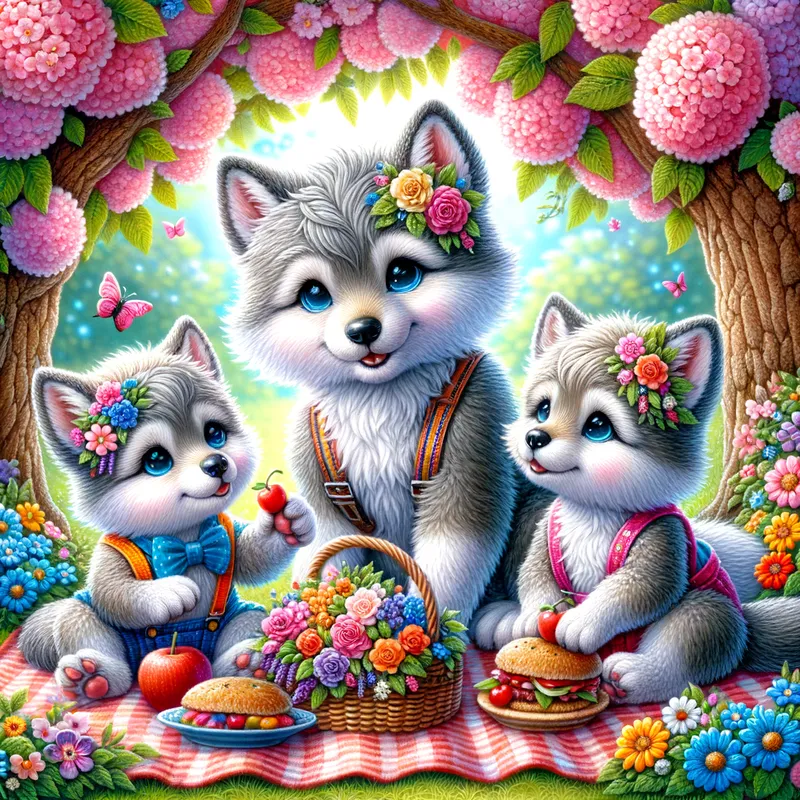 Suspenders Picnic - A charming scene of three playful little wolves in brightly colored suspenders having a picnic with their loving mother under a blooming tree. - AI image generated with Art