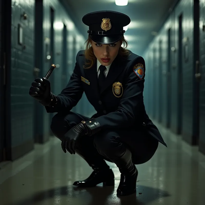 Suspicious Police Officer Confrontation - A female police officer, furious, is dressed in a formal police outfit featuring firm black leather gloves and glossy black riding boots. She crouches aggressively in a dim prison cell, staring with suspicion and clutching her baton tightly. - AI image generated with Photorealistic 2