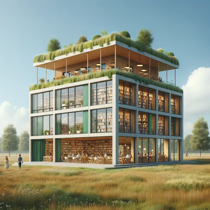 Sustainable Academic Building - A contemporary two-story, eco-conscious building situated in an open field on a college campus. The ground floor features a cozy café, while the upper floor houses a well-stocked library. The design includes a lush rooftop garden and extensive clear windows offering natural light and glimpses of students inside. - AI image generated with Art