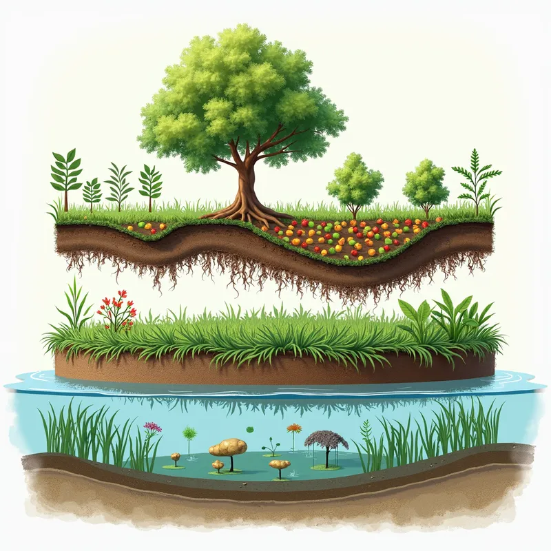 Sustainable River-Based Farming System - A visualization of a sustainable river-based farming system in Vietnam, showcasing a top layer of cashew trees, middle layer of crops such as pepper or ginger, and a bottom layer of ground-hugging herbs. - AI image generated with Photorealistic 2