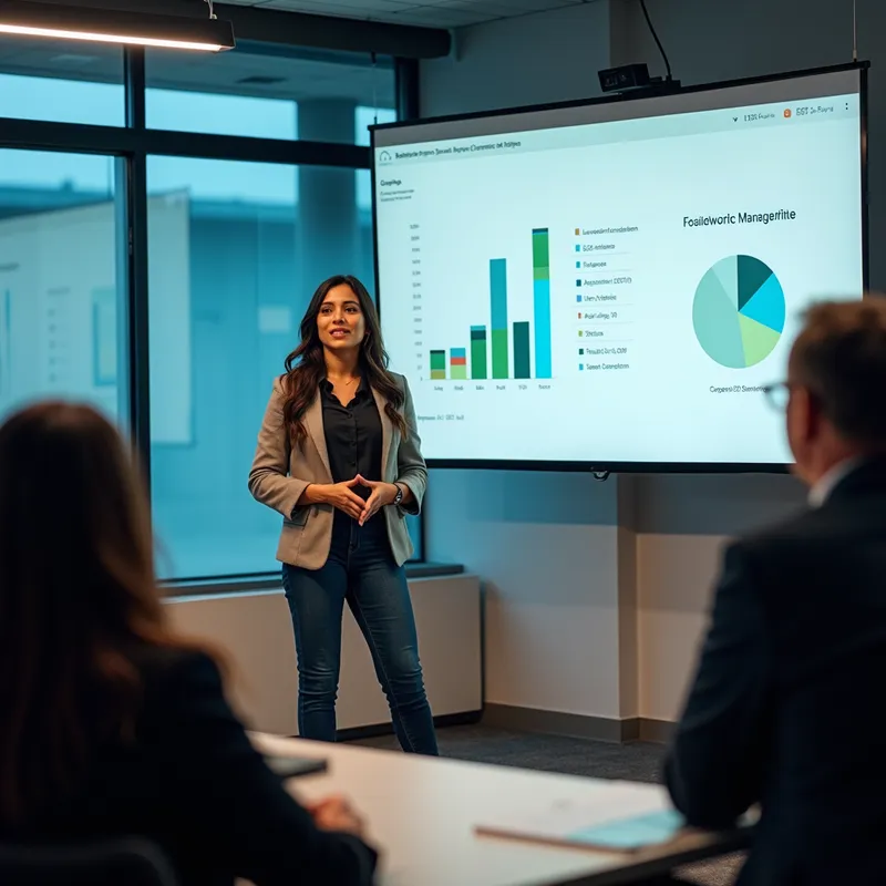 Sustainable Solutions Presentation - Mia Ramirez is giving a detailed, data-driven presentation on sustainable technology to a group of interested professionals. The setting is a modern conference room with large digital screens displaying graphs and AI applications for resource management. The audience appears engaged, reflecting Mia’s perfectionist approach and her proficiency in communicating complex ideas through text and reports. - AI image generated with Photorealistic 2