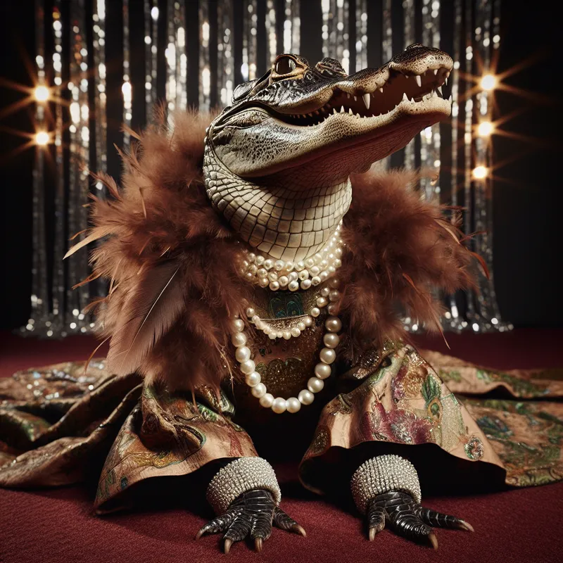Swamp Fashionista - A gator looking fabulous in a thrifted gown, feather boa draped around its neck, pearl necklace, and dramatic makeup, exuding glamorous vibes. - AI image generated with DALL-E 3