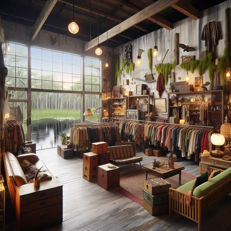 Swamp Store Interior - Inside view of Mik’s Thriftopia. The interior has a cozy, eclectic charm with mismatched furniture, clothes, and trinkets. The windows show glimpses of the swamp outside, and there are subtle hints of moisture and nature integration inside the store. - AI image generated with DALL-E 3