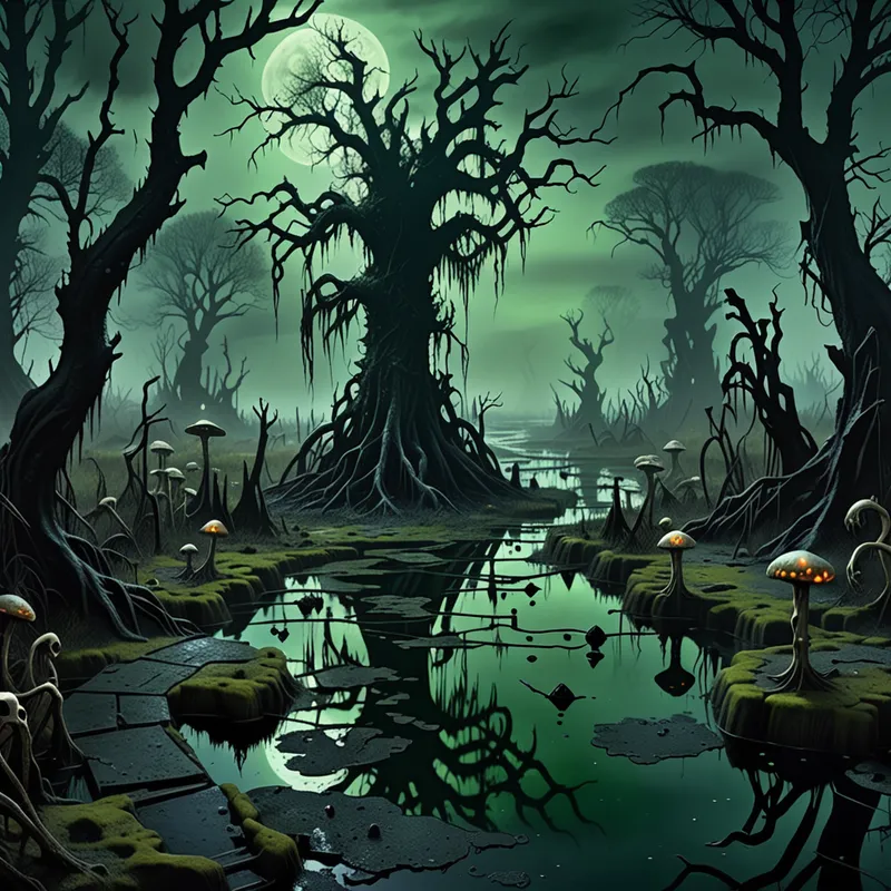 Swamp of the Forgotten Trail - A decayed cobblestone trail crossing a cursed swamp at night, surrounded by luminous fungi, skeletal branches, deep green mist, pools of still black water, and an ancient sinister presence in the distance, richly textured, eerie fantasy artwork - AI image generated with Fictional
