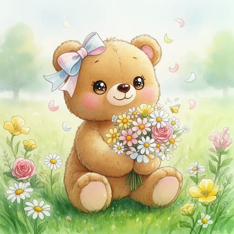 Sweet Meadow Hug Bear - A watercolor and ink animation-inspired scene featuring a plush, ultra-soft teddy bear with round sparkling eyes, an adorable smile, and smooth honey-brown fur. The bear is sitting in soft green grass speckled with daisies, roses, buttercups, and wildflowers, holding a cheerful flower bouquet as petals float around. It sports a soft pastel bow with floppy tails, rosy cheeks, a shiny nose, and a sweetly tilted head. Gentle, glowing daylight, flowing ink outlines, blended color blooms, and a blurred, summery meadow background—hints of distant, soft trees—create a cozy, balanced composition for nursery decor. - AI image generated with Flux 2 - watercolor