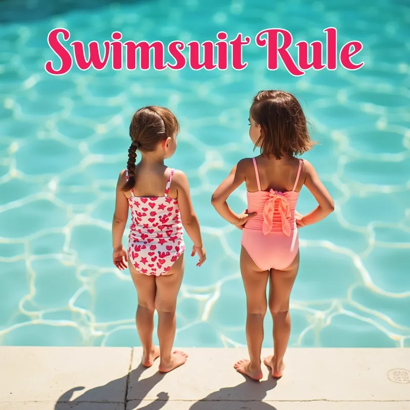 Swimsuit Fun for Kids - Text: Swimsuit rule.

Image: Children at a pool or beach in swimsuits, with key areas softly highlighted or covered with playful icons (stars or hearts).

Design Note: Keep it gentle and age-appropriate.

 - AI image generated with Photorealistic 2