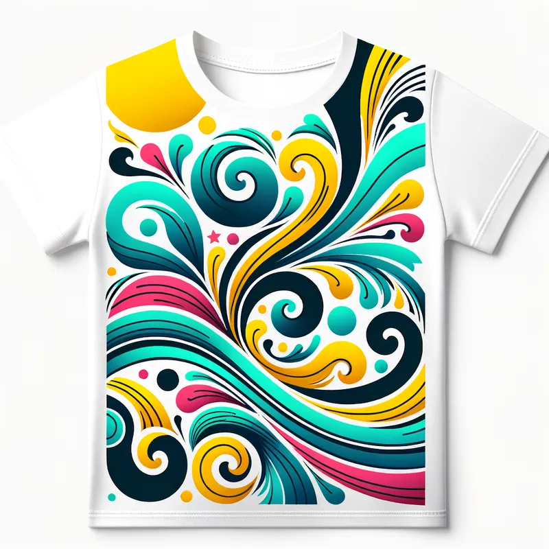 Swirl Fiesta - A lively and stylish t-shirt concept with bold, bright colors and minimalistic, elegant swirls to keep the design upscale yet fun for children. - AI image generated with Art