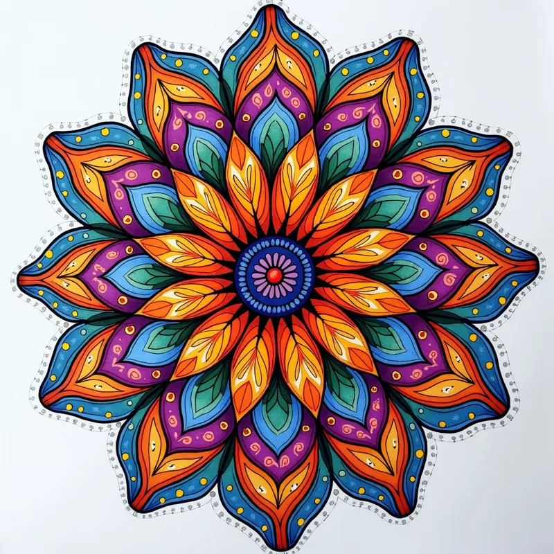Swirling Floral Mandala - A mandala composed of abstract, curvy flower patterns with Zentangle-inspired details. Each layer of flowers exhibits vibrant, contrasting colors and intricate designs that draw the eye toward the center. - AI image generated with Photorealistic 2