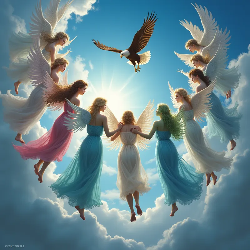 Sylphs and Eagle in Flight - A vivid depiction of the sky filled with sylphs of pinkish-red skin wearing light blue togas and green-skinned sylphs in blue togas, all moving clockwise. Beneath their enchanting dance, an American Eagle also flies clockwise, creating a hypnotic and awe-inspiring spectacle. - AI image generated with Photorealistic 2