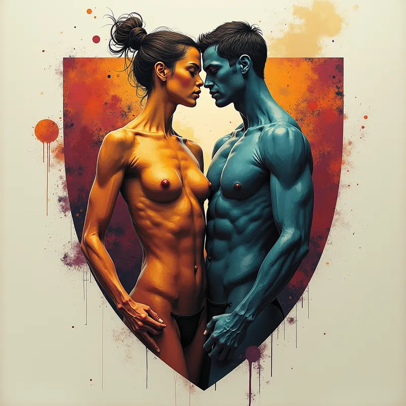 Symbiotic Shield - An expressive abstract piece featuring the interlinked torsos of male and female forms morphing into a shield, highlighting the synergy and protective aspect of their connection. - AI image generated with Photorealistic 2