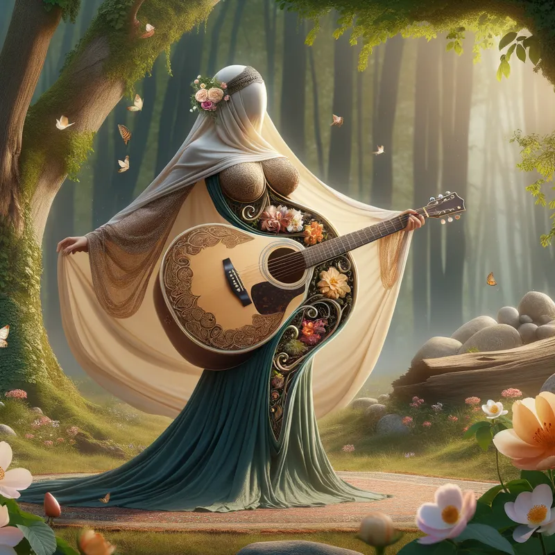 Symphonic Beauty - A fantastical scene featuring a graceful woman whose midsection and legs morph into a beautifully crafted acoustic guitar, standing in a tranquil forest with flowers blooming around her. - AI image generated with Art
