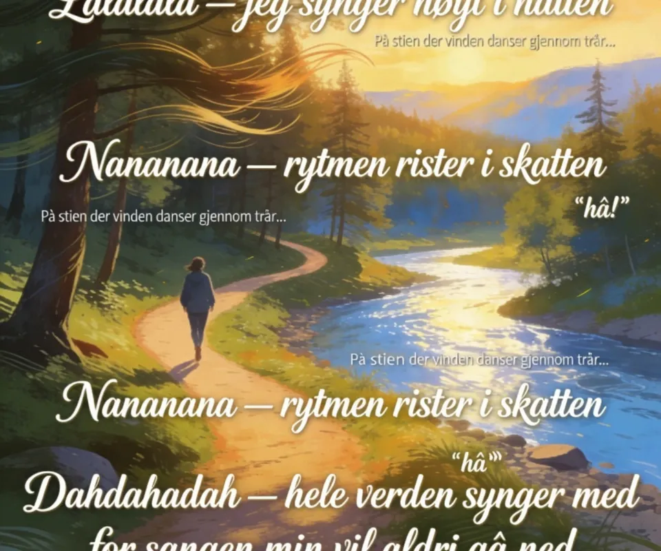 Synger Høyt i Natten - Vers 1
På stien der vinden danser gjennom trær,
går jeg alene men rytmen følger med.
Hjertet banker som en tromme i det fjerne,
og jeg kjenner at melodien våkner igjen.
Pre‑chorus
Jeg løfter blikket, ser himmelen gløde,
føler stemmen min begynner å brøde.
Alt jeg trenger er et lite pust av magi,
så kommer sangen og bærer meg fri.
Refreng
Lalalala — jeg synger høyt i natten,
Nananana — rytmen rister i skatten,
Dahdahadah — hele verden synger med,
for sangen min vil aldri gå ned.
Vers 2
Langs elver som glitrer som sølv i sol,
følger jeg takten som ruller som en stol.
Hver eneste tone blir sterkere nå,
som om fjellene svarer når jeg roper “hå!”
Pre‑chorus
Jeg kjenner vinden ta tak i håret,
som om den sier: “Syng litt mer, du får det.”
Og jeg ler mens jeg lar stemmen fly,
for melodien er min egen vei.
Refreng
Lalalala — jeg synger høyt i natten,
Nananana — rytmen rister i skatten,
Dahdahadah — hele verden synger med,
for sangen min vil aldri gå ned.
Bro
Når mørket faller og alt blir stille,
er det sangen som holder meg til.
Jeg synger videre, jeg gir aldri opp,
for rytmen løfter meg helt til topp.
Refreng x2 (stort og kraftig)
Lalalala — jeg synger høyt i natten,
Nananana — rytmen rister i skatten,
Dahdahadah — hele verden synger med,
for sangen min vil aldri gå ned.
 - AI video generated with Lite