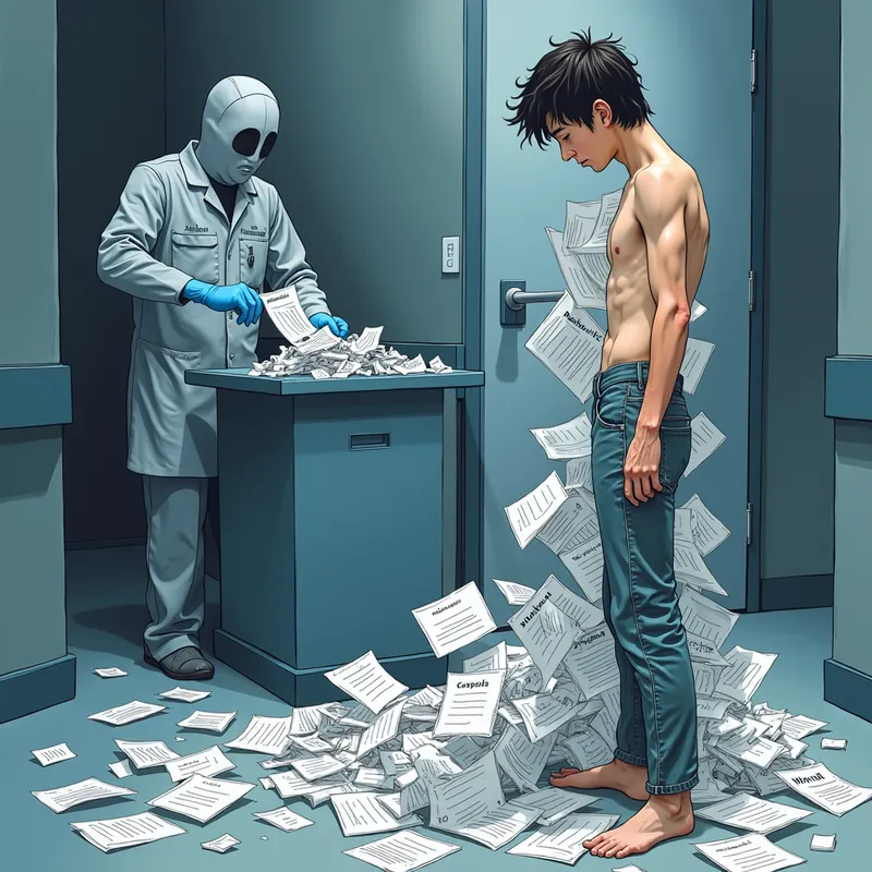 System's Shadows - Illustrated in a dark watercolor style with a focus on muted blues and grays, a thin man in his 30s with messy hair is depicted fading away, his body disintegrating into pieces of medical paperwork. In the backdrop, an imposing, faceless healthcare worker is seen shredding 'Patient Rights' documents. The high-contrast imagery highlights the theme of erasure by the healthcare system. - AI image generated with Photorealistic 2 - Kaoru Yamada