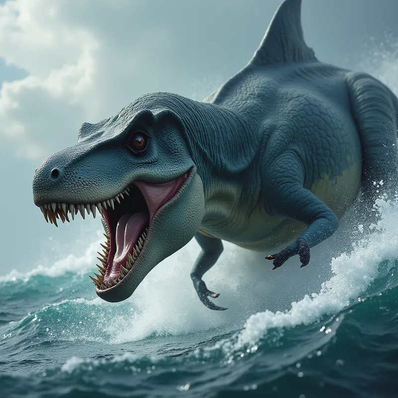 T. Rex vs Shark-Headed Dinosaur - create a realistic image of an intense battle between the most scary, big, scaly, toothy , majestic T Rex and a mean looking dinosoar with the head of a great white shark - AI image generated with Photorealistic 2