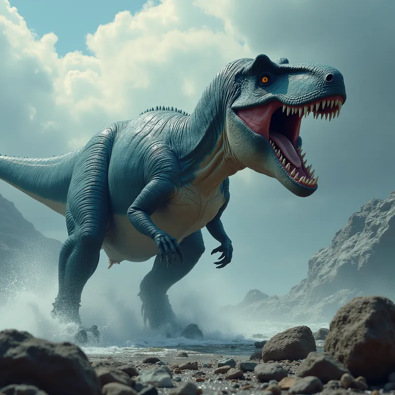 T. Rex vs Shark-Headed Dinosaur - create a realistic image of an intense battle between the most scary, big, scaly, toothy , majestic T Rex and a mean looking dinosoar with the head of a great white shark - AI image generated with Photorealistic 2