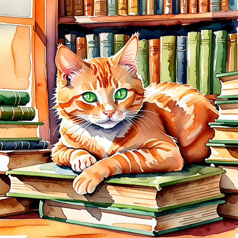 Tabby Cat and Books - A small orange tabby cat with vivid green eyes, curled up peacefully on a stack of old books in a cozy library, with warm, gentle lighting and a sense of tranquility. - AI image generated with Fictional - watercolor, cartoony