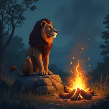 Talking Lion on Rock by Campfire