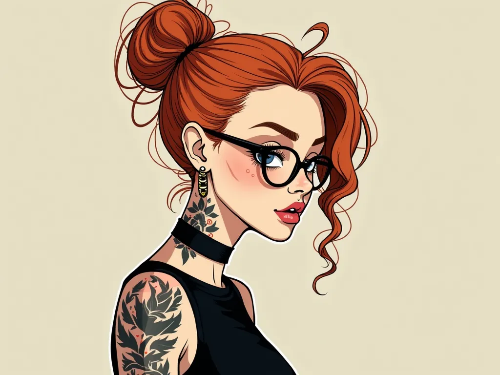 Tattooed Minimalist Muse - A woman with fiery ginger locks tied back into a messy bun, her pale skin decorated with bold tattoos. She's seen in a minimalist black outfit, balancing the look with understated glasses that hint at her artistic sensibilities. - AI image generated with Photorealistic 2 - cartoony