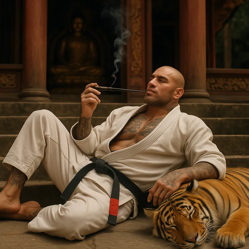 Tattooed Monk - A powerfully built man with a shaven head and tattoos covering his arms and chest, wearing a jiu jitsu gi with a black belt and red bar, reclining comfortably on the serene steps of a Buddhist temple, accompanied by a sleeping tiger and smoking a long Chinese pipe. - AI image generated with GPT Image