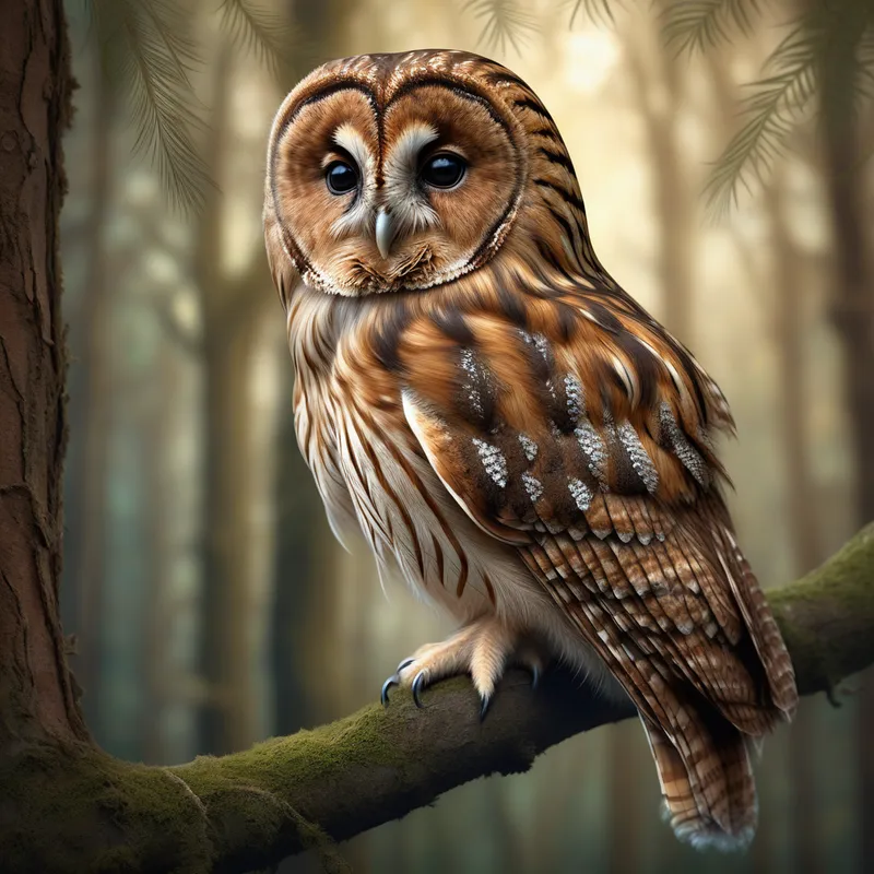 Tawny Owl at Dusk - A tawny owl perched on a tree branch, with intricate feather patterns, in a serene woodland. The background features softly blurred forest scenery. The lighting is warm and natural, evoking early evening. Style: highly detailed and realistic. - AI image generated with Photorealistic