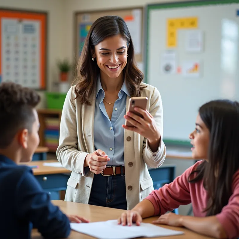 Teacher Engaging in a Video Call - A friendly teacher is standing in front of a cell phone, smiling and talking to another person through a video call. The background shows a tidy classroom with educational posters and a whiteboard, reflecting a warm and welcoming learning environment. - AI image generated with Photorealistic 2
