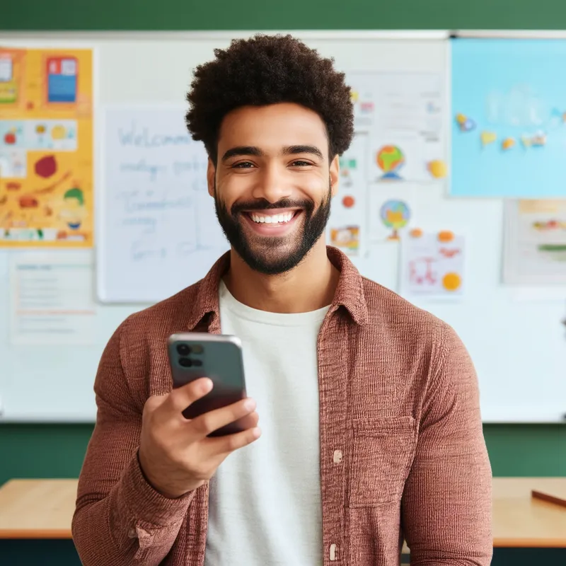 Teacher Engaging in a Video Call - A friendly teacher is standing in front of a cell phone, smiling and talking to another person through a video call. The background shows a tidy classroom with educational posters and a whiteboard, reflecting a warm and welcoming learning environment.