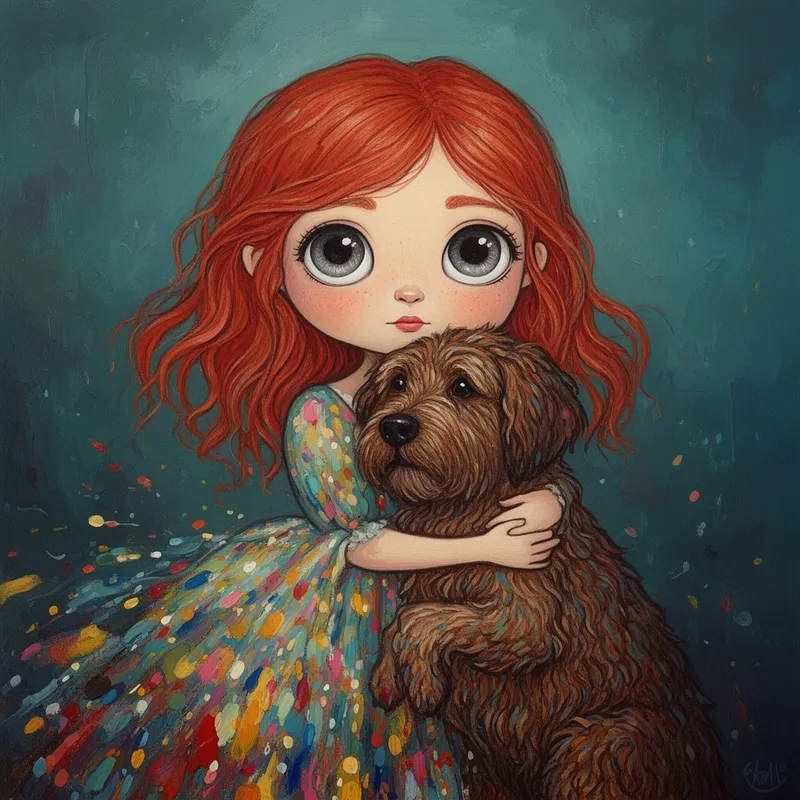 Teal Dream Companion - A hand-painted acrylic style portrait of a red-haired girl with oversized storm-grey eyes embracing her faithful dog in a tender, heartfelt pose. Her dress unfurls into abstract painterly splashes of joyful color, contrasted by the dog’s richly textured fur made from dense layered brushwork. Set against a moody teal and blue-green background with soft nostalgic lighting, imperfect linework, folk surrealist charm, and fine art children’s illustration warmth. - AI image generated with Flux 2