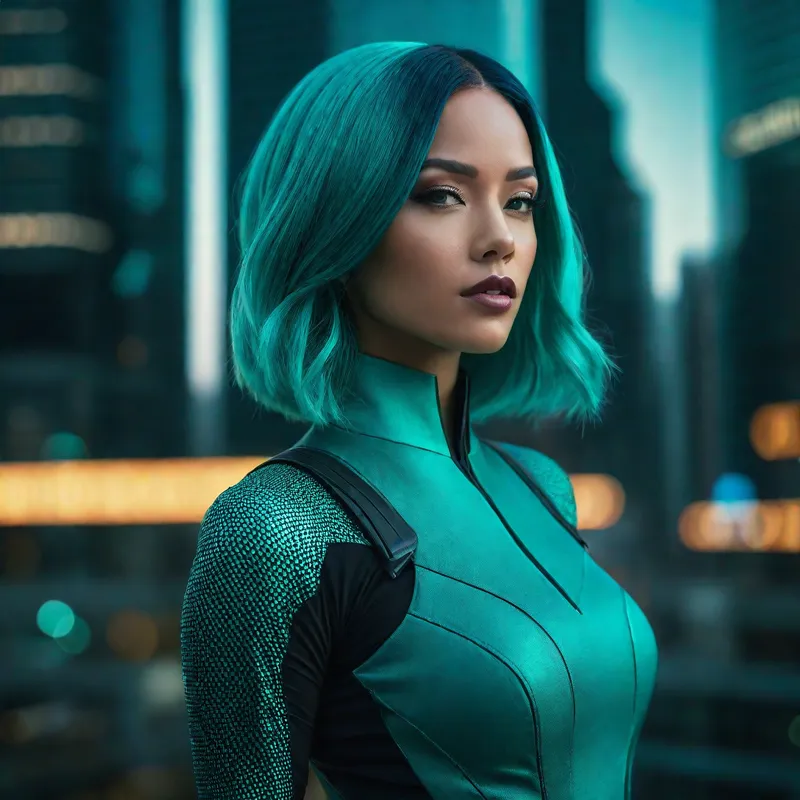 Teal Elegance in Futurism - Depicting a stunning woman with teal hair and teal attire, this photorealistic image places her in a futuristic city with illuminated skyscrapers. Captured in 4k, 8k, HD, UHD with cinematographic techniques like a 75mm lens, dynamic lighting, and Technicolor. The scene is in sharp focus, vibrant color grading, and includes depth of field, delivering a high-quality, realistic visual that stands out as an epic fantasy film still. - AI image generated with Photorealistic