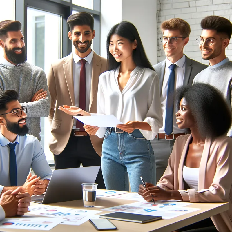 Team Spirit - A lively office meeting where a man and his female coworker are leading a presentation together. The rest of the team is engaged and attentive, highlighting the leadership and synergy between the two main figures. - AI image generated with Art