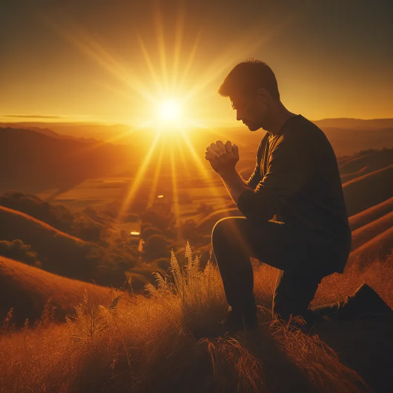 Tearful Reflection - A man standing alone on a hill at sunset, hands clasped in front of him, tears flowing as he prays. - AI image generated with Art