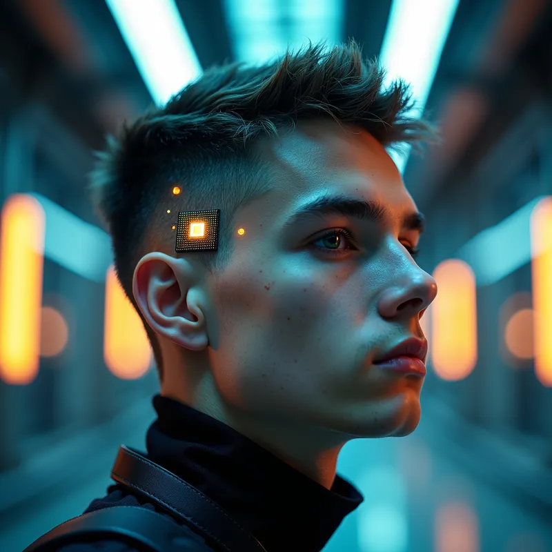 Tech Enhanced Evolution - A dynamic shot of a young man in a futuristic setting, displaying a sophisticated chip integrated into the side of his head, symbolizing the merge between humanity and technology. - AI image generated with Photorealistic 2