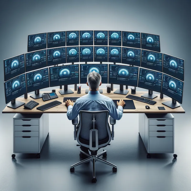 Tech Enthusiast's Sanctuary - A middle-aged man in good health, completely absorbed in his work, arranged across three lengthy desks. Fourteen 34-inch monitors are supported by stands, encircling him in a high-tech workstation. - AI image generated with Art