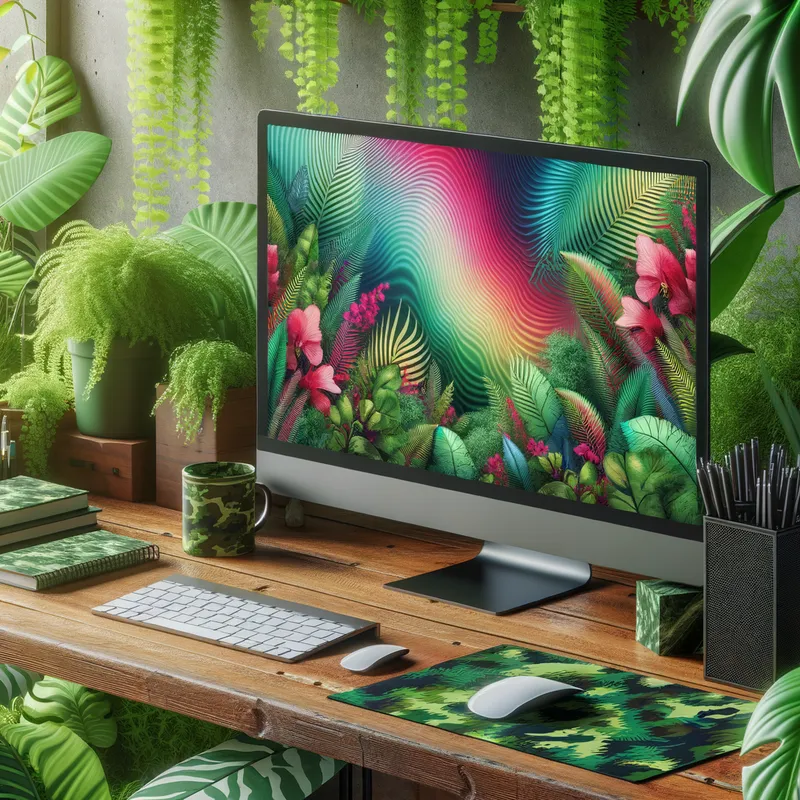 Tech Jungle - A bustling tech workspace where the desktop computer and monitor are clad in a vibrant jungle camouflage pattern, surrounded by lush greenery. - AI image generated with Art