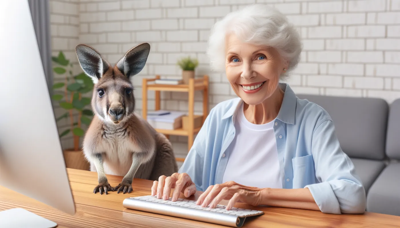Tech-Savvy Granny - An old woman with a kind smile sitting at a computer desk, typing on the keyboard. Her pet kangaroo stands beside her with its front paws resting on the desk, curiously watching the screen. - AI image generated with Art