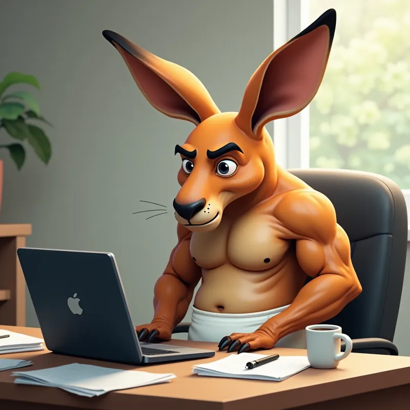 Tech-Savvy Pouch - A muscular kangaroo wearing a thick diaper sits at a desk, visibly frustrated while staring at a laptop screen. The background features a simple home office setup with scattered papers and a coffee mug. - AI image generated with Photorealistic 2