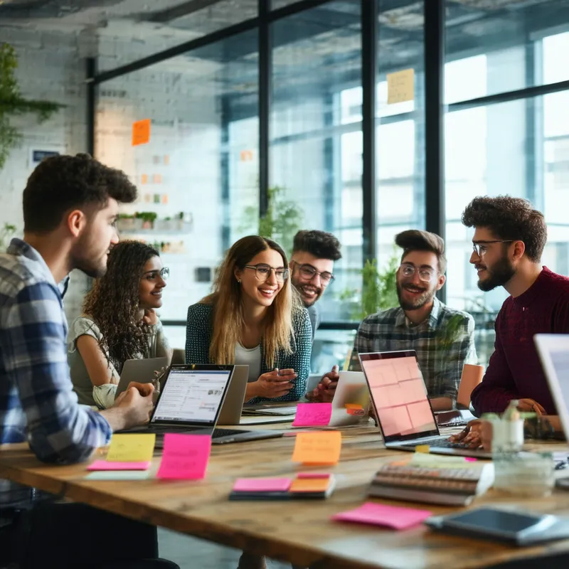 Tech Startup Meeting - A dynamic and modern office space where a diverse group of young professionals are brainstorming and chatting about innovative solutions, with laptops, sticky notes, and collaborative tools scattered around.