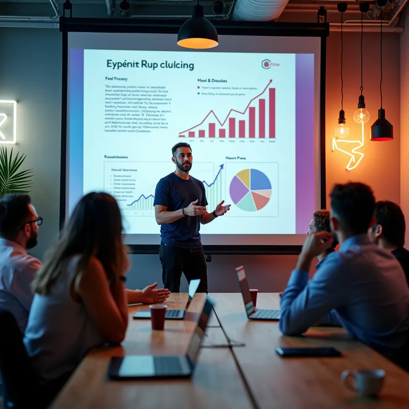 Tech Startup Pitch - A vibrant, modern coworking space where a young entrepreneur is giving a dynamic PowerPoint presentation to a group of investors. The slide on screen is visually engaging with charts and infographics. - AI image generated with Photorealistic 2