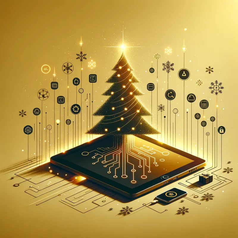 Tech-Tree Glow - Minimalist, with predominant tones of yellow and orange, reinforcing the professional and technological identity.
Subtle geometric lines or smooth gradients to add depth while maintaining sophistication.
Main element:
An open notebook or smartphone, with a screen displaying a stylized Christmas tree in the shape of a golden or green circuit, representing the fusion between technology and tradition.
Next to the device, floating technology icons such as clouds, gears, and connectivity symbols, mixed with snowflakes.
Soft lights around the device, giving a touch of celebration without overdoing the Christmas theme.
A discreet border with small stylized snowflakes or digital icons to harmonize the visual. - AI image generated with Art