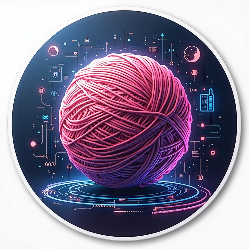 Tech Yarn - A high-tech themed 3D printed sticker showing a yarn ball with digital textures and elements surrounding it. The sticker has a modern, holographic effect. - AI image generated with Photorealistic 2