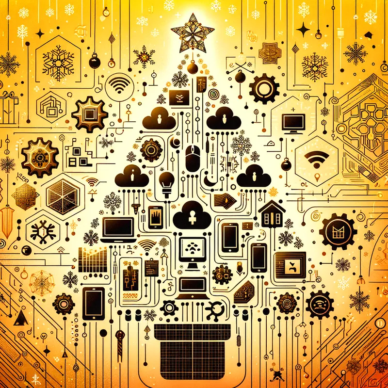 Techno Christmas Tree - Background: Shades of yellow and orange, evoking technology and sophistication. Subtle graphic elements like circuits, cloud icons, gears, or stylized pixels, mixed with snowflakes and stars. Main element: A Christmas tree made with geometric lines or technological circuits, with small icons representing technology (such as a mouse, a screen, or Wi-Fi symbols) as ornaments. - AI image generated with Art