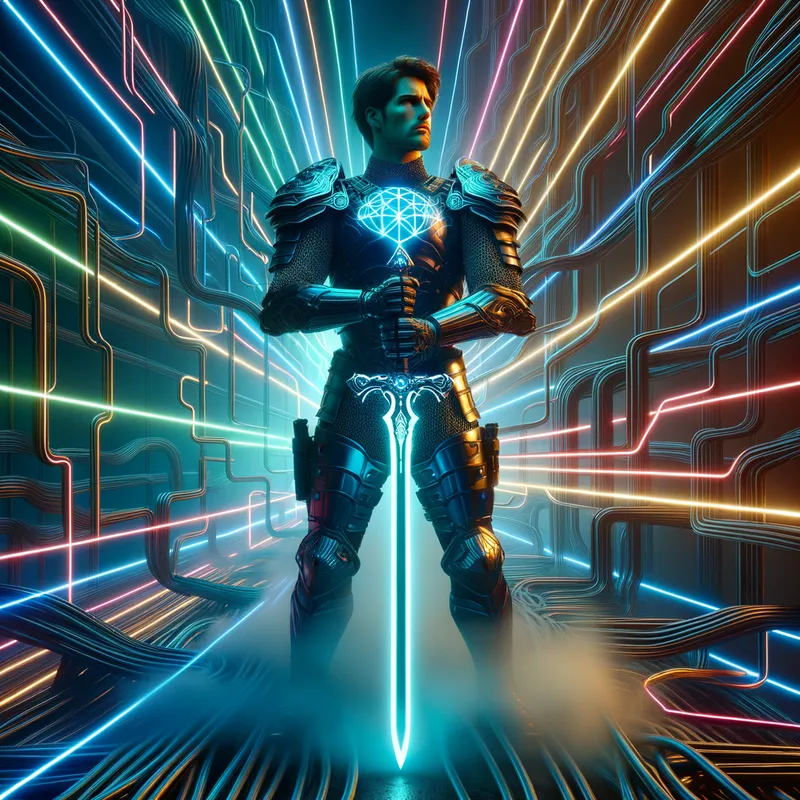 Techno Gladiator - A man equipped with a sword, standing resolutely in the midst of a labyrinth of interconnected, neon wires. - AI image generated with Art