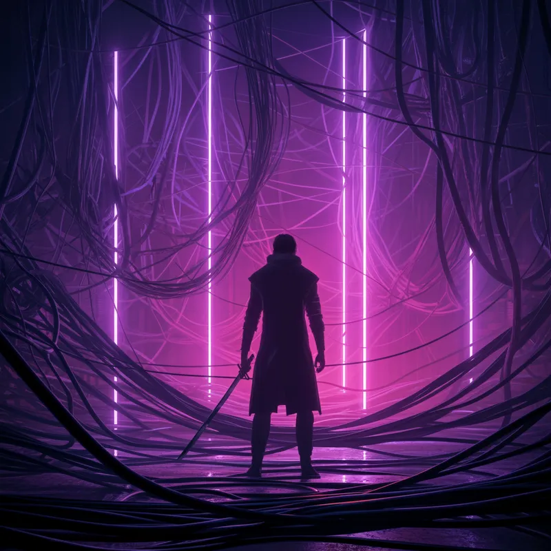 Techno Gladiator - A man equipped with a sword, standing resolutely in the midst of a labyrinth of interconnected, neon wires. - AI image generated with Imagen 3