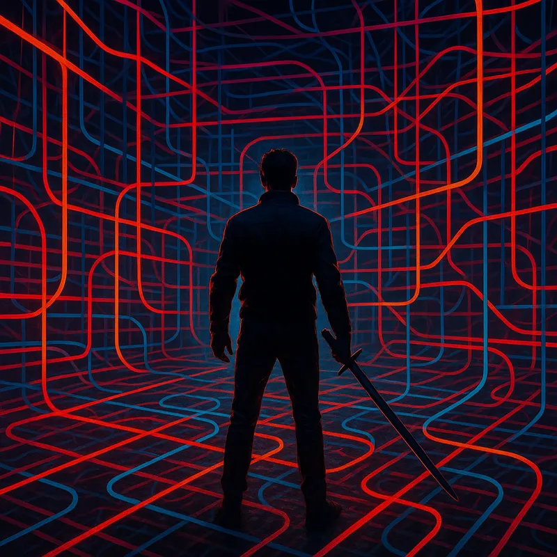 Techno Gladiator - A man equipped with a sword, standing resolutely in the midst of a labyrinth of interconnected, neon wires. - AI image generated with GPT Image