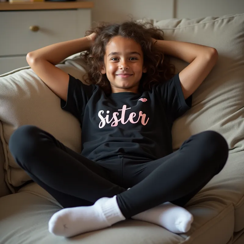 Teen Girl Relaxing on Couch - Teen sister shirt black leggings white socks relaxing on couch - AI image generated with Photorealistic 2
