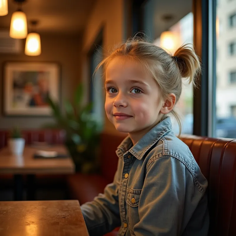 Teen in Cozy Cafe Corner - A 16-year-old blond boy sitting in a cozy corner of a cafe, his hair pulled back into a neat bun. There are warm tones and a relaxed atmosphere, with soft lighting complementing his serene expression. - AI image generated with Photorealistic 2