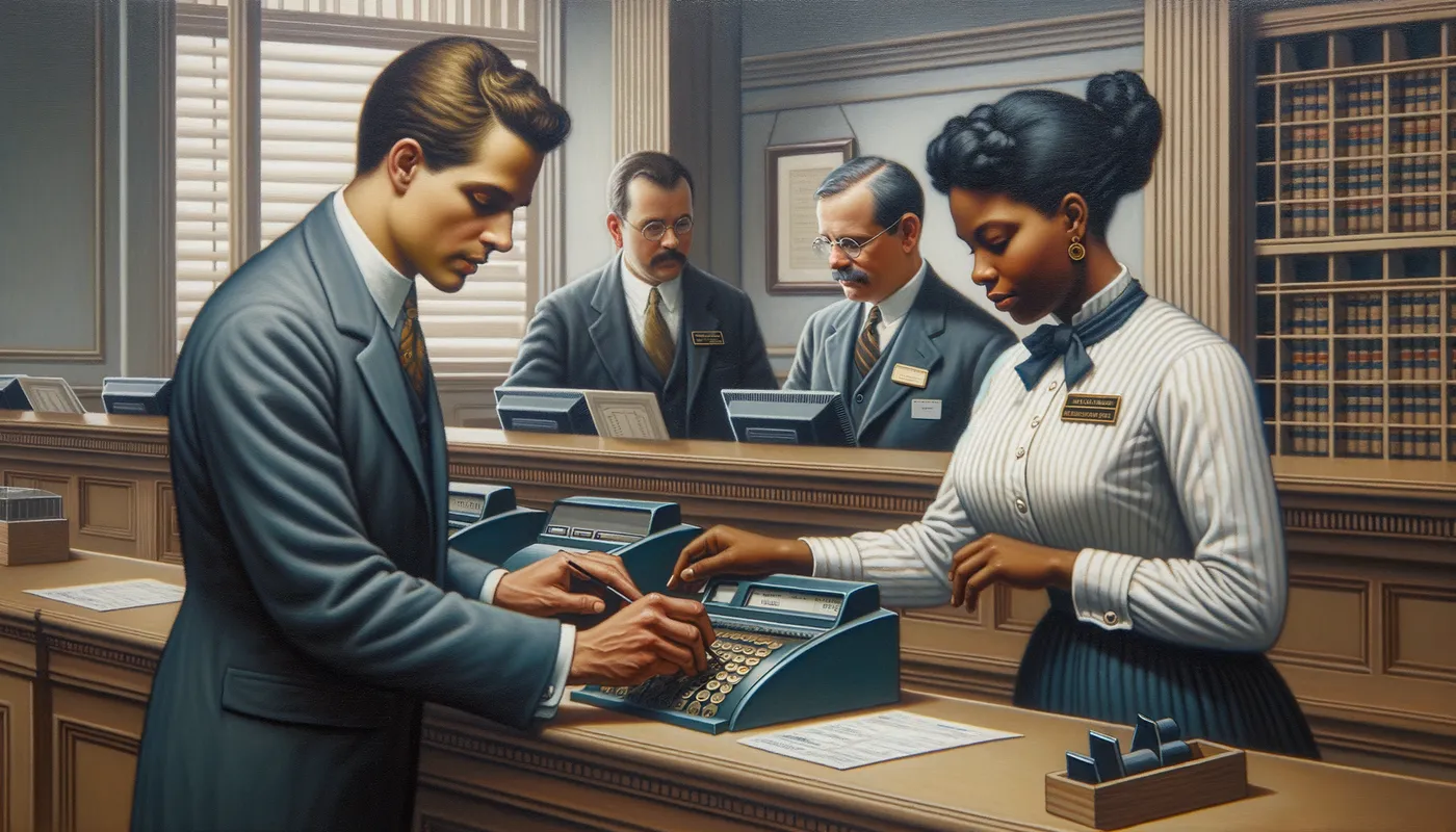 Teller's Duty - A BANK TELLER BEHIND THE COUNTER AT WORK - AI image generated with Art - oil art