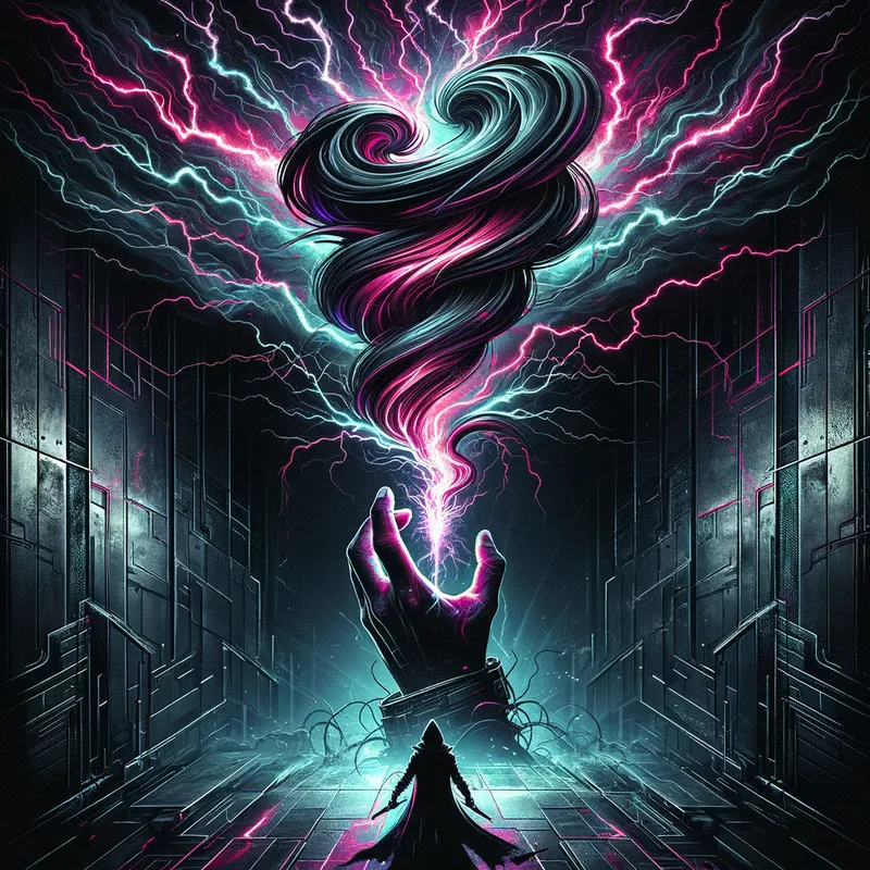 Tempest Beneath - In a dramatic high-angle perspective, a swirling storm is held aloft by a hand, bright lightning arcs illuminating the background. The scene is framed by a mysterious figure below and features sharp, edgy typography spelling 'Stormpusher' in neon cyan, pink, and purple against dark metallic textures. - AI image generated with Art