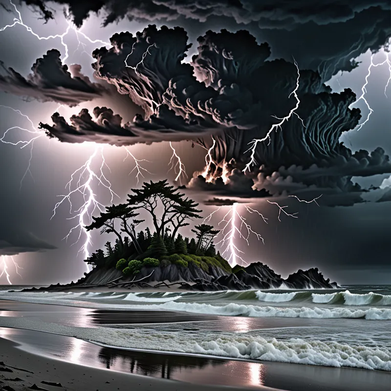 Tempest Over the Shadowed Isle - A violent storm unfolds over a small island on the horizon, lightning bolts reflecting in the raging seas. The island’s beach is made of eerie gray sand, behind which stands a haunted, gloomy forest composed of black, gnarled trees. - AI image generated with Fictional