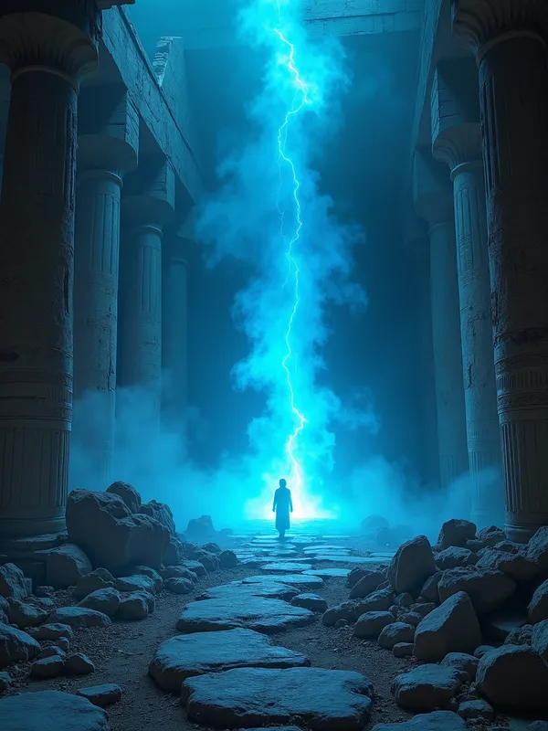 Temple of Shadows - Within the crumbling ruins of an ancient temple, a bright blue flame creates ghostly shadows of long-forgotten gods and pharaohs, filling the atmosphere with mystery. - AI image generated with Photorealistic 2