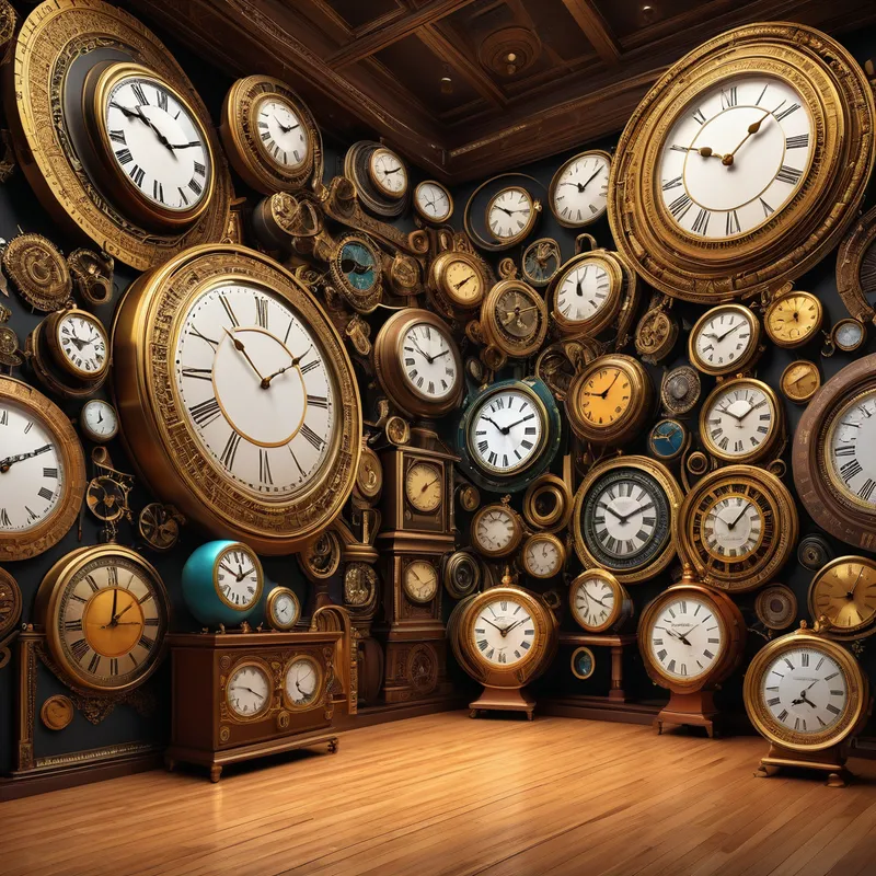 Temporal Flux - A panoramic view of an alternate reality where clocks of diverse shapes, sizes, and craftsmanship melt and reform in a captivating dance of time and space, rendered in a hyper-realistic, high-resolution digital art style. - AI image generated with Photorealistic - HD, hyper realistic, high resolution digital art style